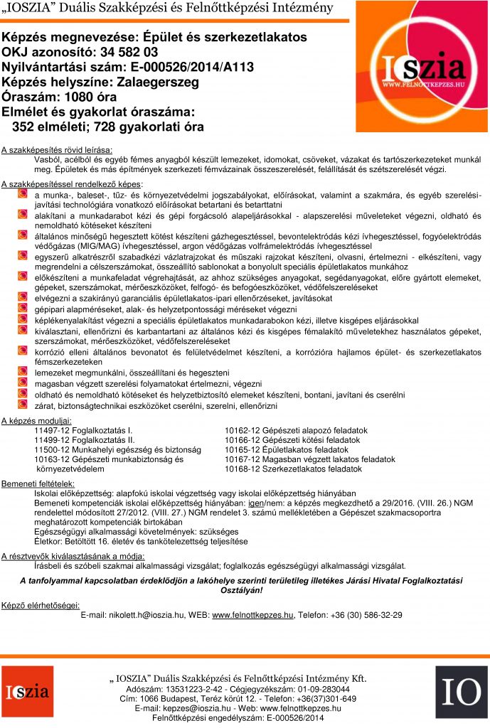 Épület- és szerkezetlakatos OKJ - Zalaegerszeg - felnottkepzes.hu - Felnőttképzés - IOSZIA